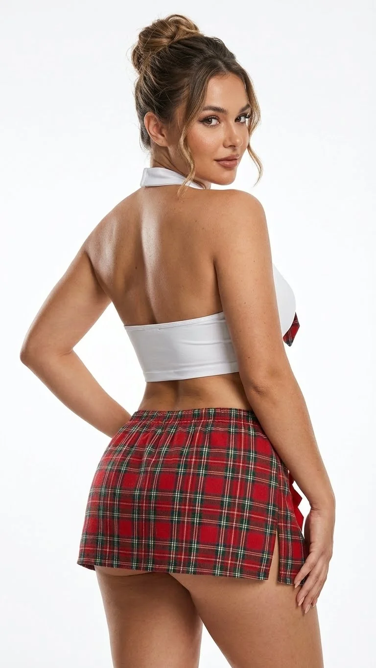 LunaIntim Plus Size Kırmızı Kareli Kostüm Set Boyundan Bağlamalı Büstiyer Takım - Arka Görünüm